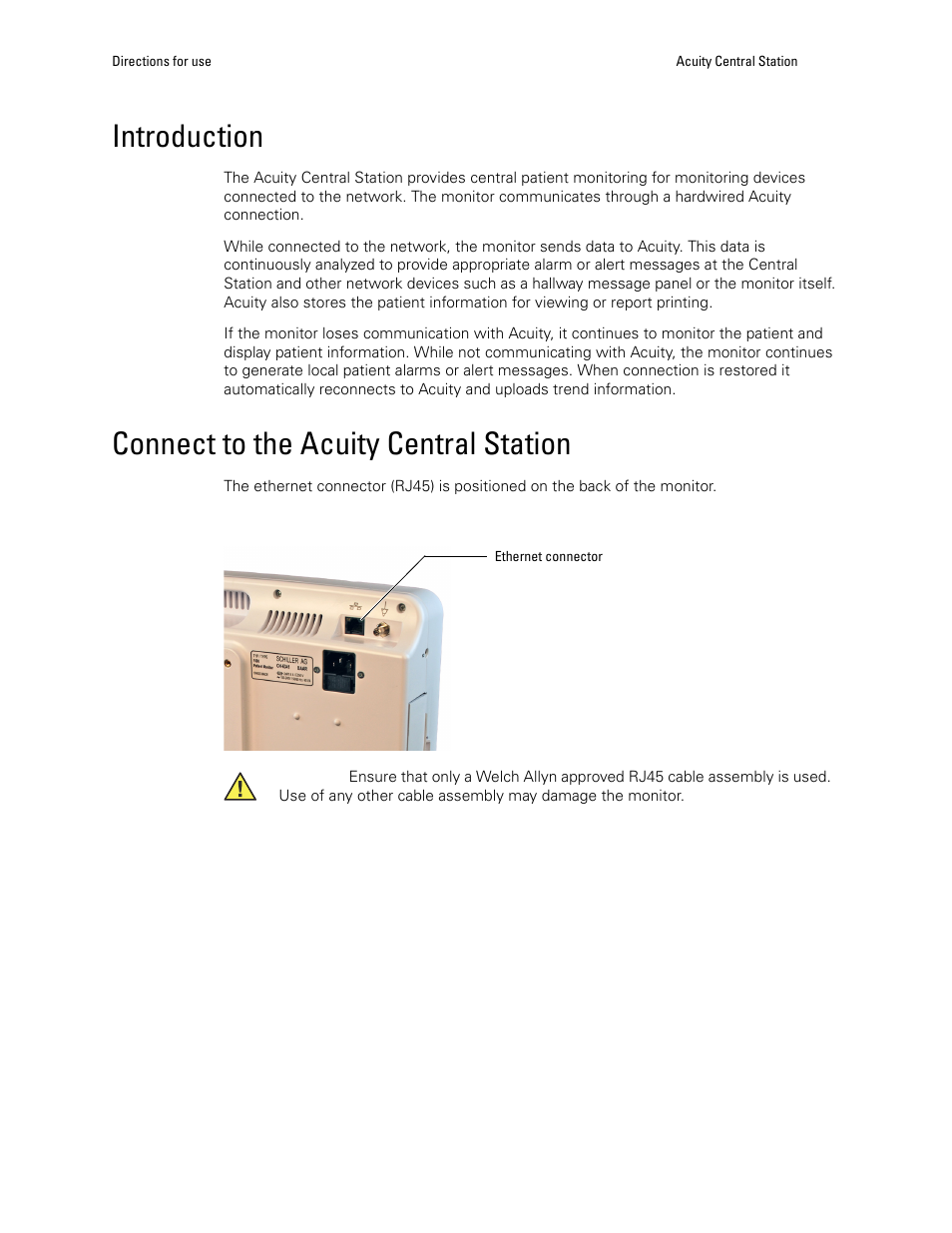 Introduction, Connect to the acuity central station, Introduction connect to the acuity central station | Welch Allyn 1500 Patient Monitor v.1.4.X - User Manual User Manual | Page 97 / 144