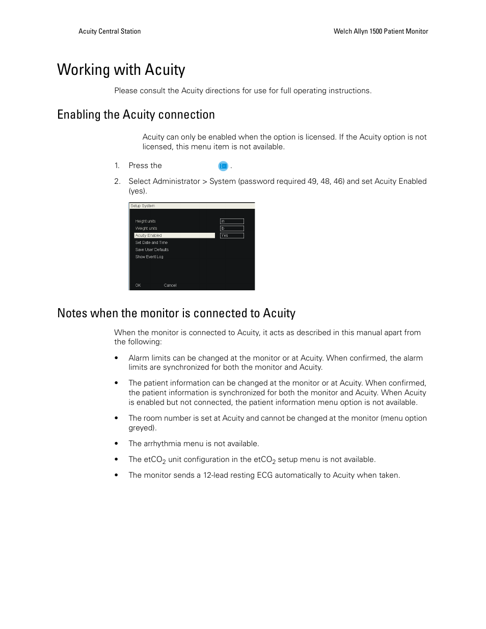 Working with acuity, Enabling the acuity connection, Notes when the monitor is connected to acuity | Welch Allyn 1500 Patient Monitor v.1.4.X - User Manual User Manual | Page 98 / 144