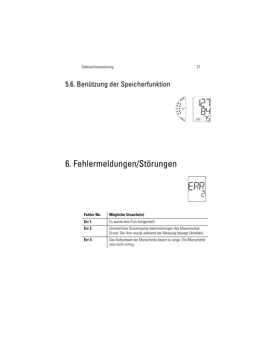 Fehlermeldungen/störungen, Benützung der speicherfunktion | Welch Allyn OSZ 3 Easy - User Manual User Manual | Page 33 / 104