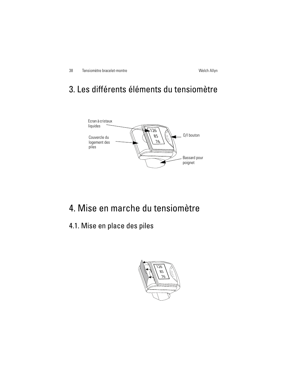 Mise en marche du tensiomètre, Les différents éléments du tensiomètre, Mise en place des piles | Welch Allyn OSZ 3 Easy - User Manual User Manual | Page 44 / 104