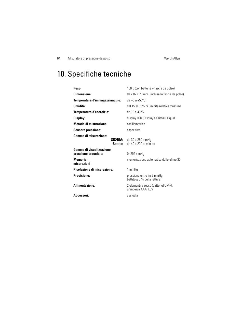 Specifiche tecniche | Welch Allyn OSZ 3 Easy - User Manual User Manual | Page 70 / 104