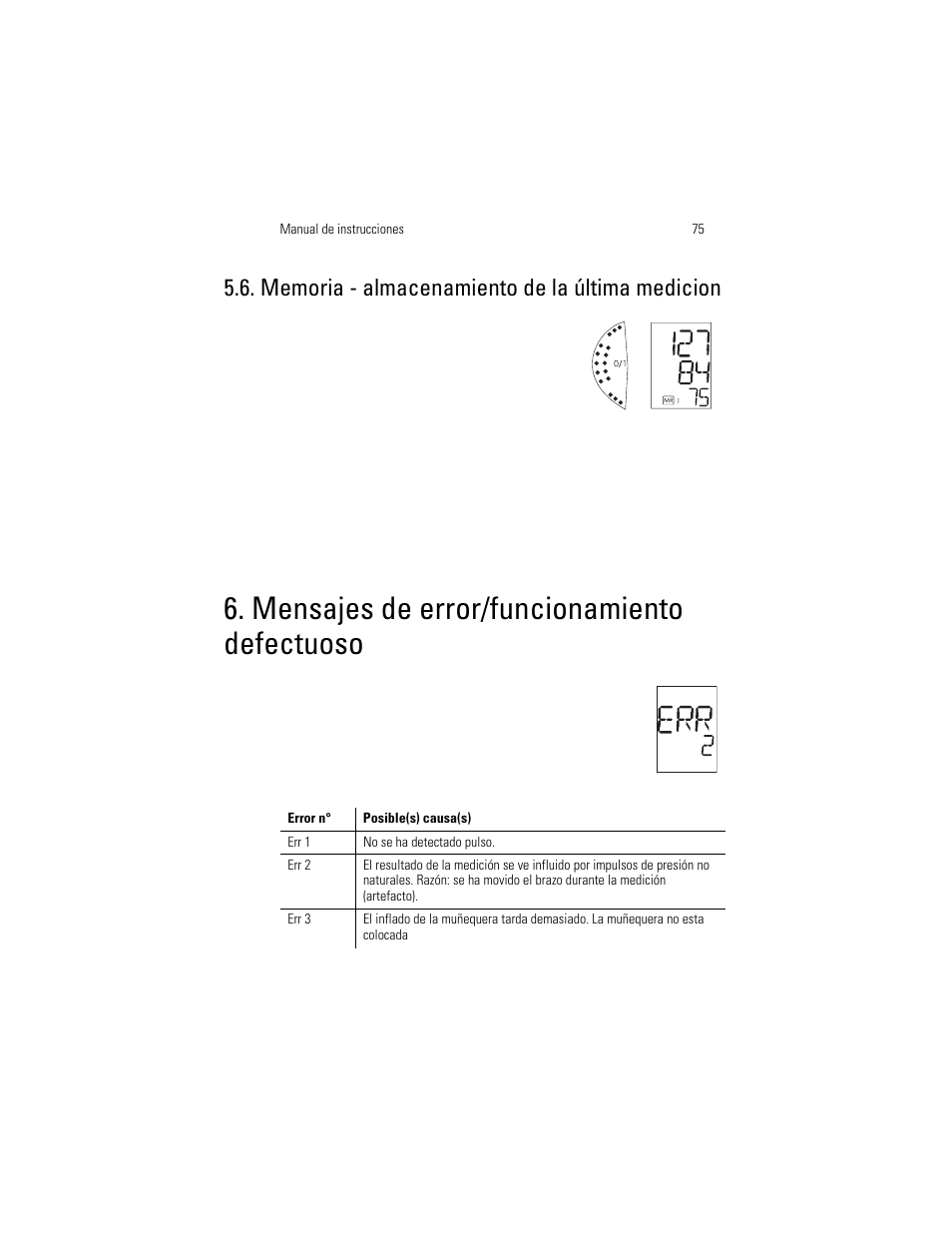 Memoria - almacenamiento de la última medicion, Mensajes de error/funcionamiento defectuoso | Welch Allyn OSZ 3 Easy - User Manual User Manual | Page 81 / 104