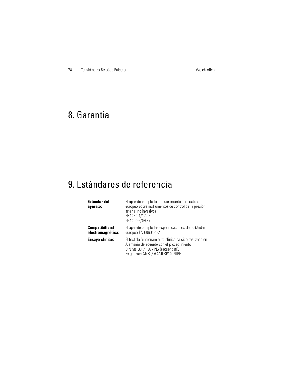 Garantia 9. estándares de referencia, Garantia, Estándares de referencia | Welch Allyn OSZ 3 Easy - User Manual User Manual | Page 84 / 104