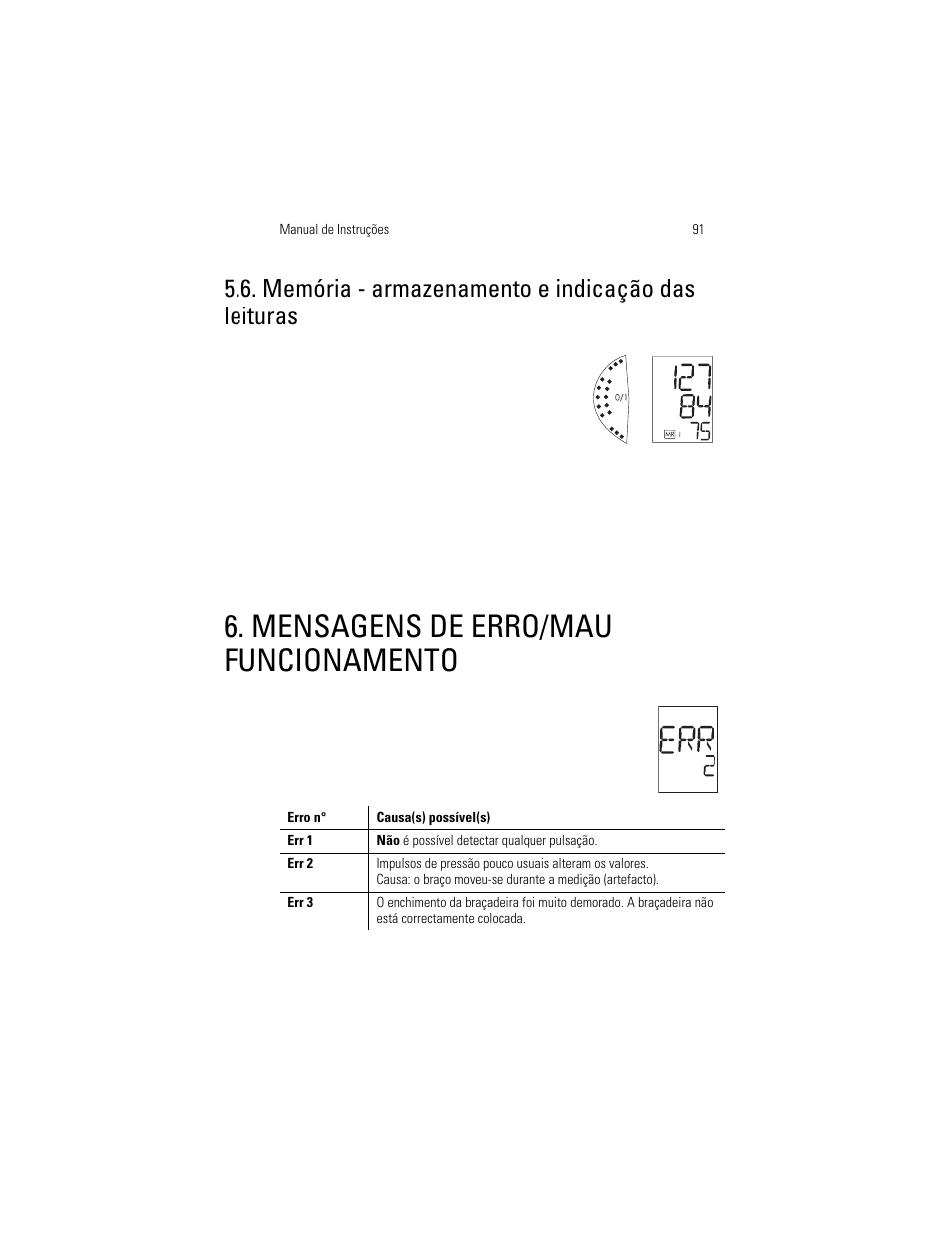 Memória - armazenamento e indicação das leituras, Mensagens de erro/mau funcionamento | Welch Allyn OSZ 3 Easy - User Manual User Manual | Page 97 / 104