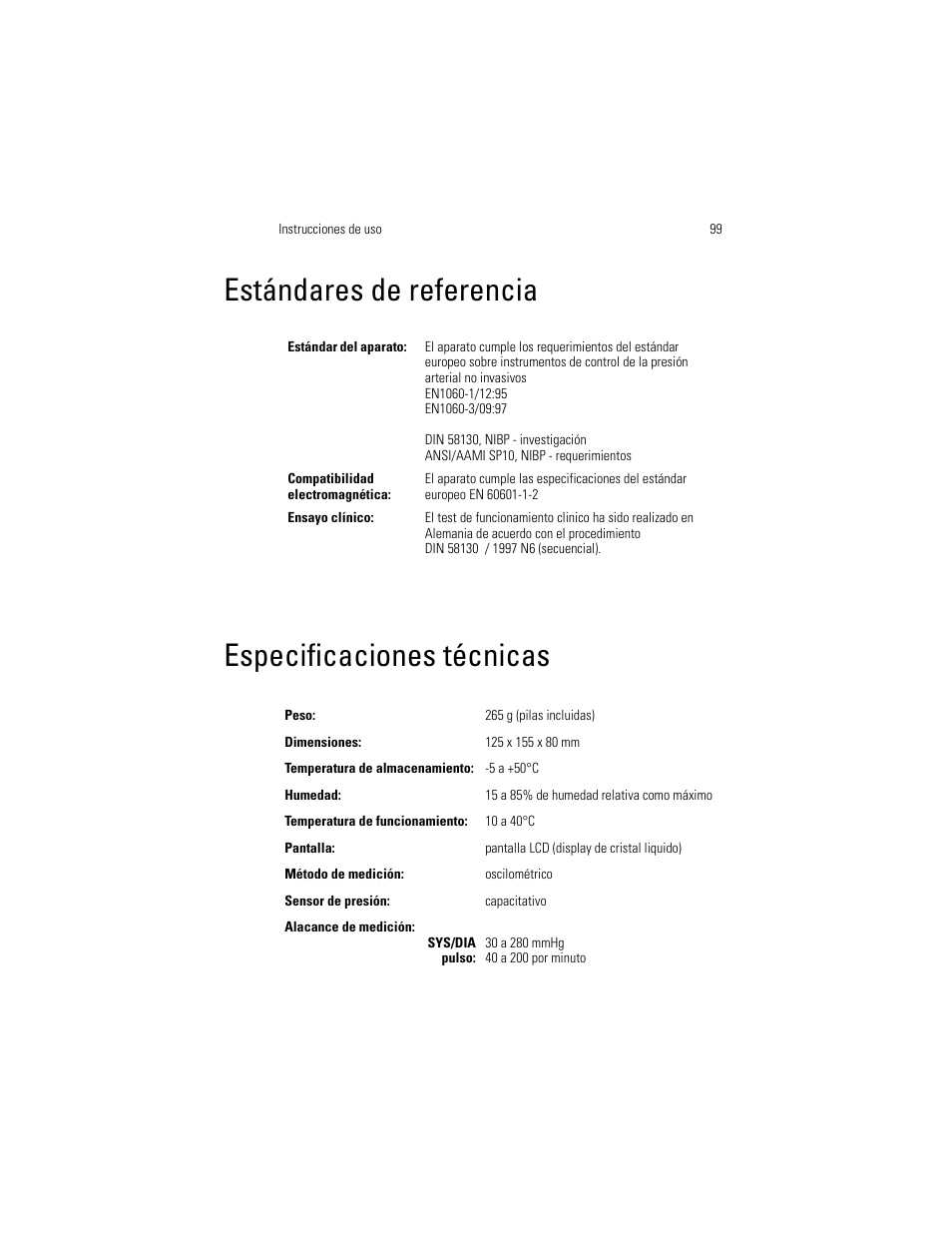 Estándares de referencia especificaciones técnicas, Estándares de referencia, Especificaciones técnicas | Welch Allyn OSZ 4 - User Manual User Manual | Page 107 / 130