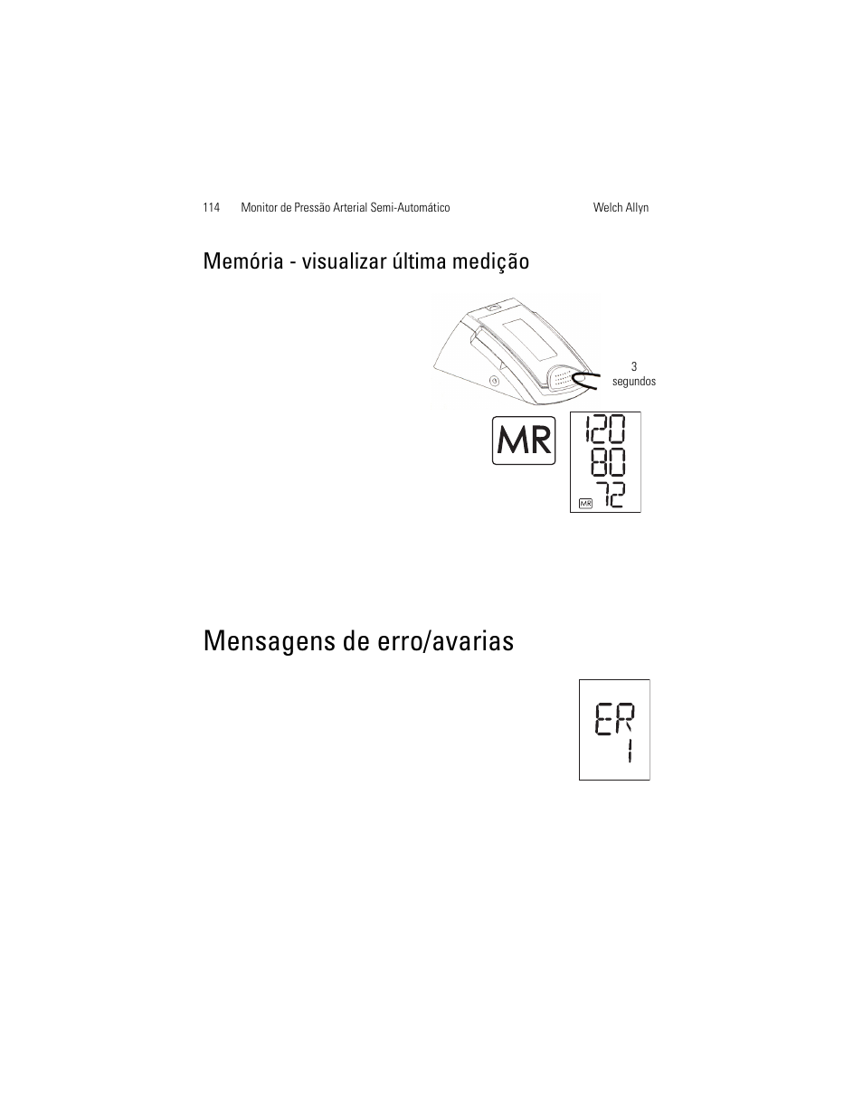 Memória - visualizar última medição, Mensagens de erro/avarias | Welch Allyn OSZ 4 - User Manual User Manual | Page 122 / 130
