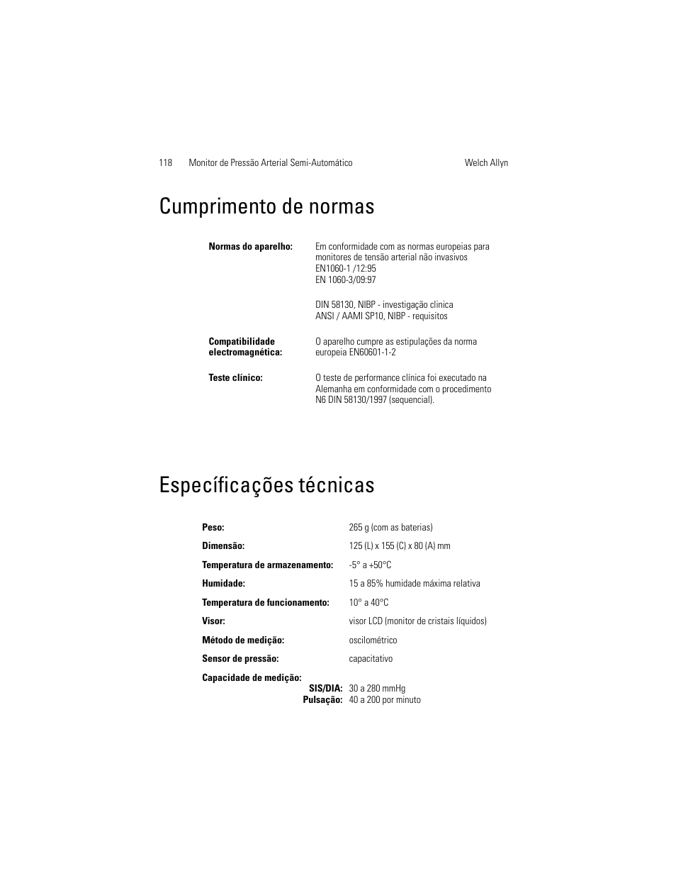 Cumprimento de normas específicações técnicas, Cumprimento de normas, Específicações técnicas | Welch Allyn OSZ 4 - User Manual User Manual | Page 126 / 130