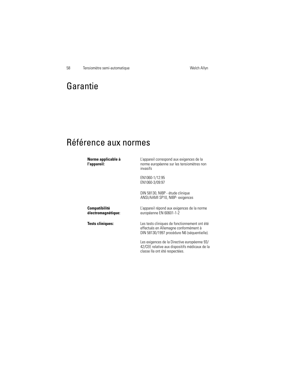 Garantie référence aux normes, Garantie, Référence aux normes | Welch Allyn OSZ 4 - User Manual User Manual | Page 66 / 130