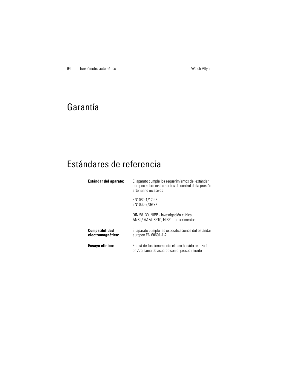Garantía, Estándares de referencia | Welch Allyn OSZ 5 - User Manual User Manual | Page 102 / 124