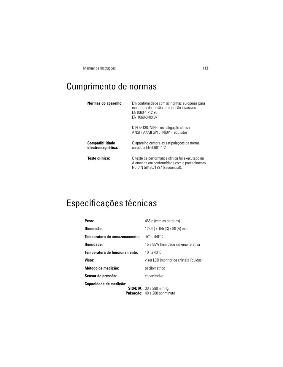 Cumprimento de normas, Específicações técnicas | Welch Allyn OSZ 5 - User Manual User Manual | Page 121 / 124