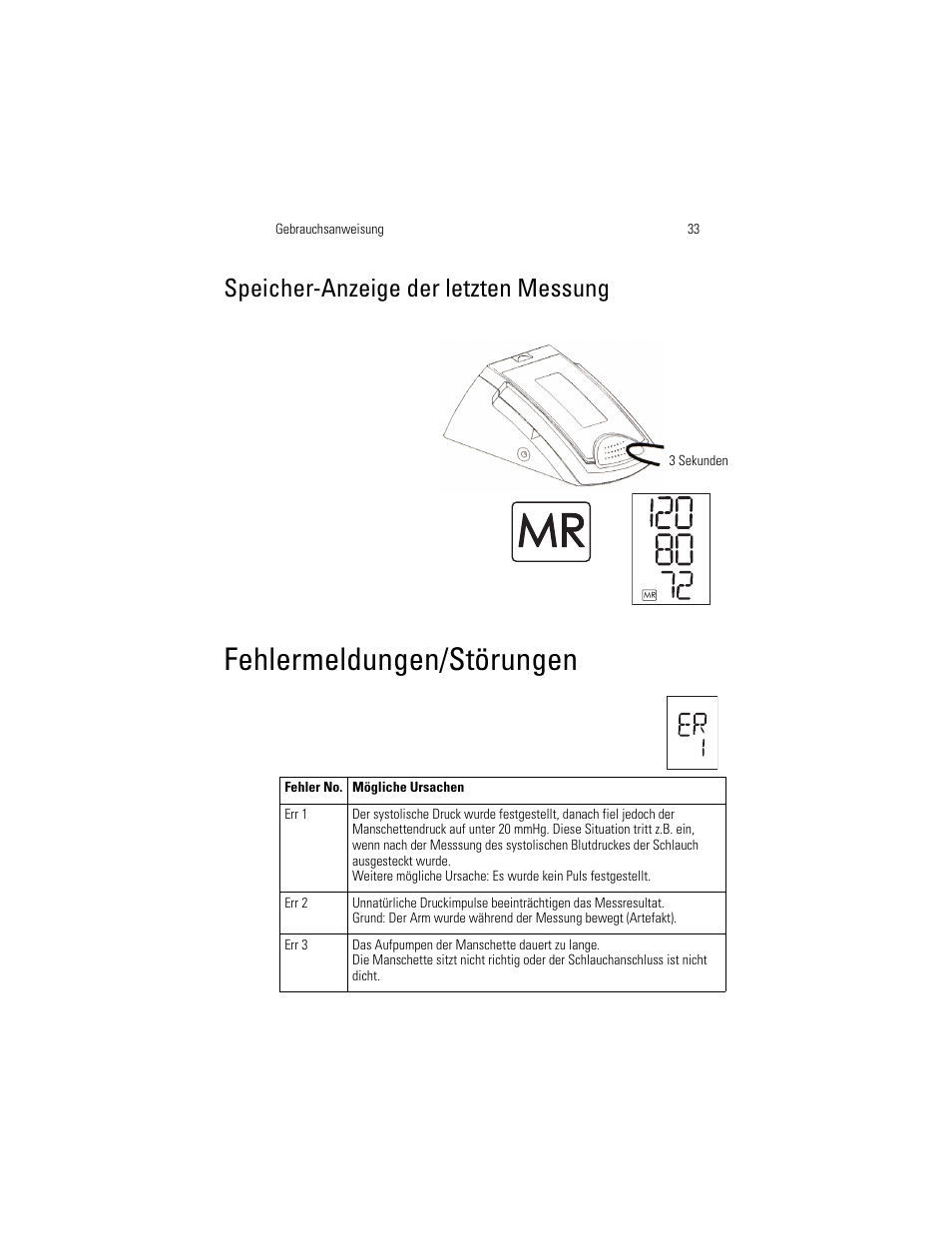 Fehlermeldungen/störungen, Speicher-anzeige der letzten messung | Welch Allyn OSZ 5 - User Manual User Manual | Page 41 / 124