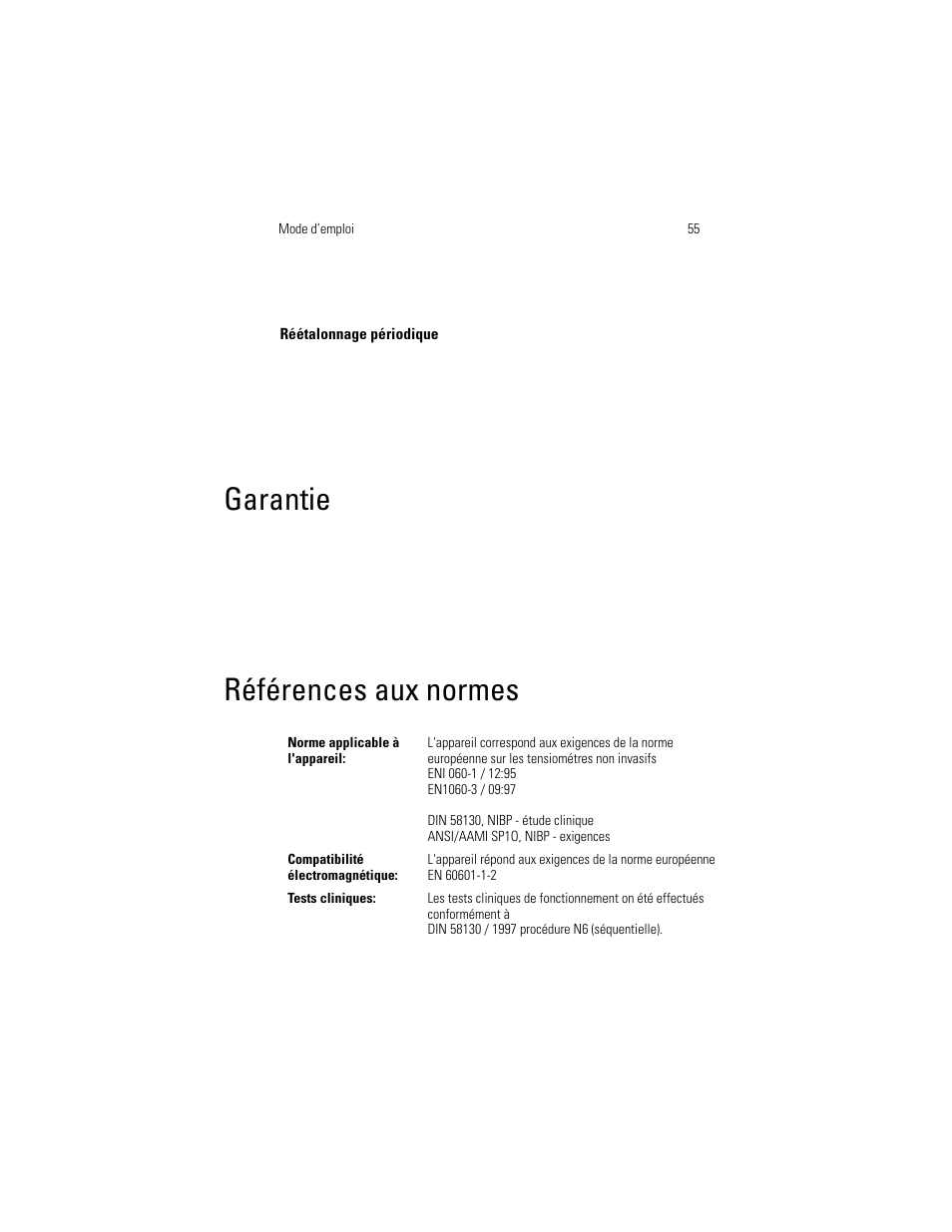 Garantie, Références aux normes | Welch Allyn OSZ 5 - User Manual User Manual | Page 63 / 124