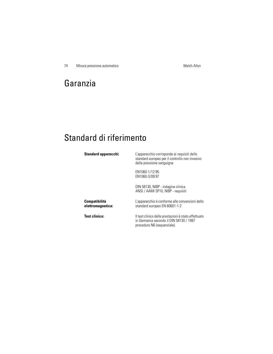 Garanzia, Standard di riferimento | Welch Allyn OSZ 5 - User Manual User Manual | Page 82 / 124