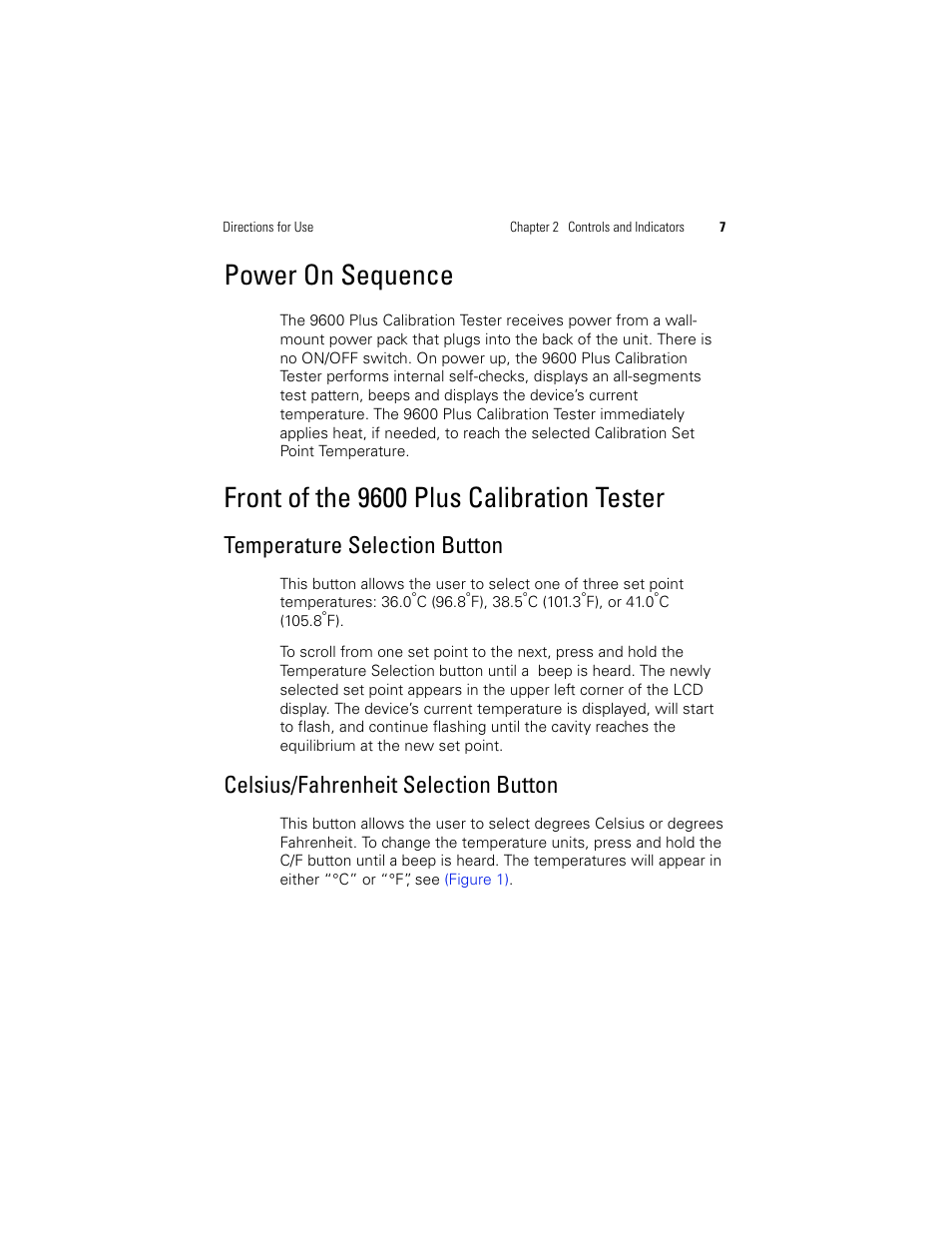 Power on sequence, Front of the 9600 plus calibration tester, Temperature selection button | Celsius/fahrenheit selection button | Welch Allyn 9600 Plus Calibration Tester - User Manual User Manual | Page 13 / 106