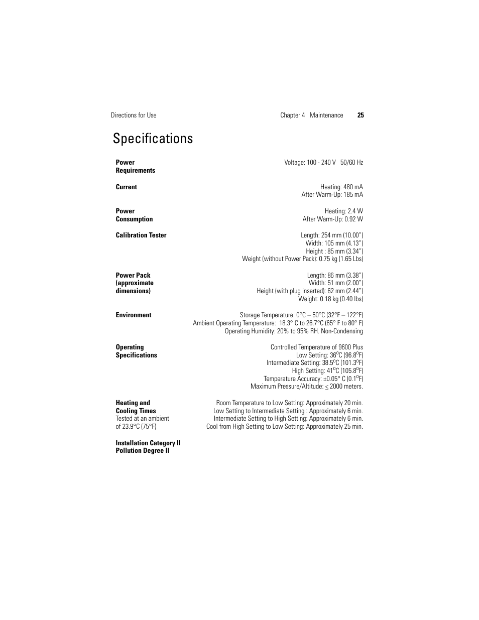 Specifications | Welch Allyn 9600 Plus Calibration Tester - User Manual User Manual | Page 31 / 106