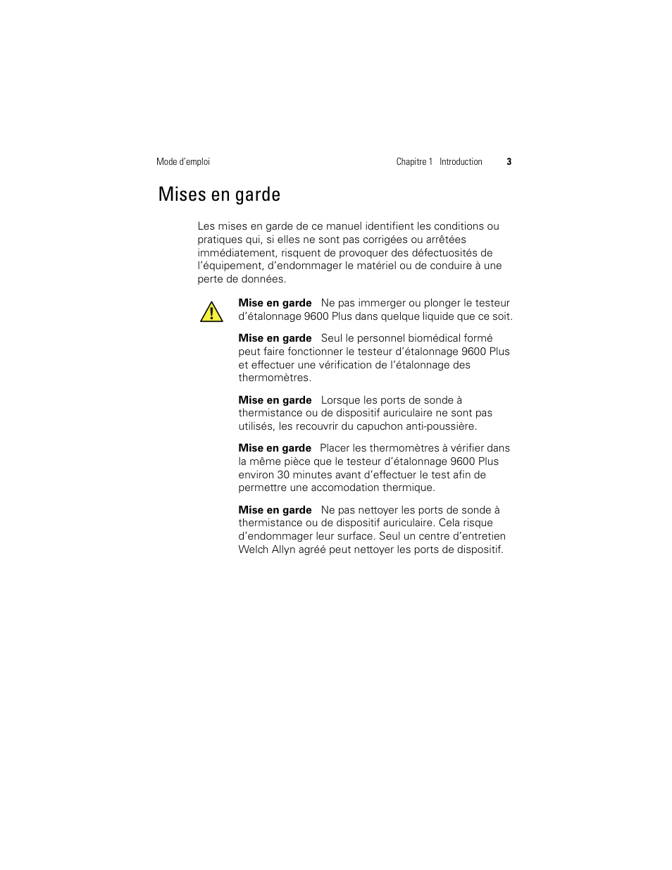 Mises en garde | Welch Allyn 9600 Plus Calibration Tester - User Manual User Manual | Page 41 / 106
