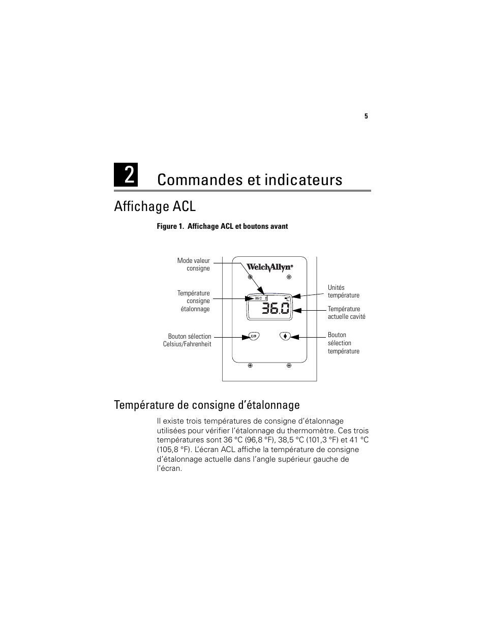 Commandes et indicateurs, Affichage acl, Température de consigne d’étalonnage | Welch Allyn 9600 Plus Calibration Tester - User Manual User Manual | Page 43 / 106