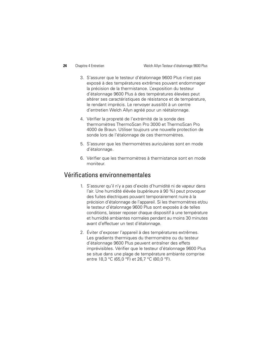 Vérifications environnementales | Welch Allyn 9600 Plus Calibration Tester - User Manual User Manual | Page 62 / 106