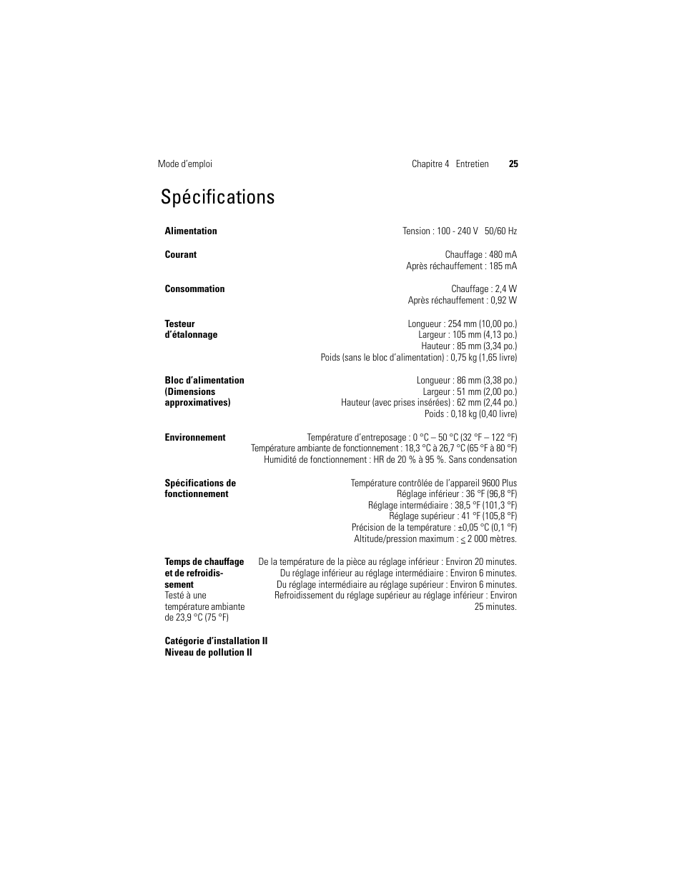 Spécifications | Welch Allyn 9600 Plus Calibration Tester - User Manual User Manual | Page 63 / 106