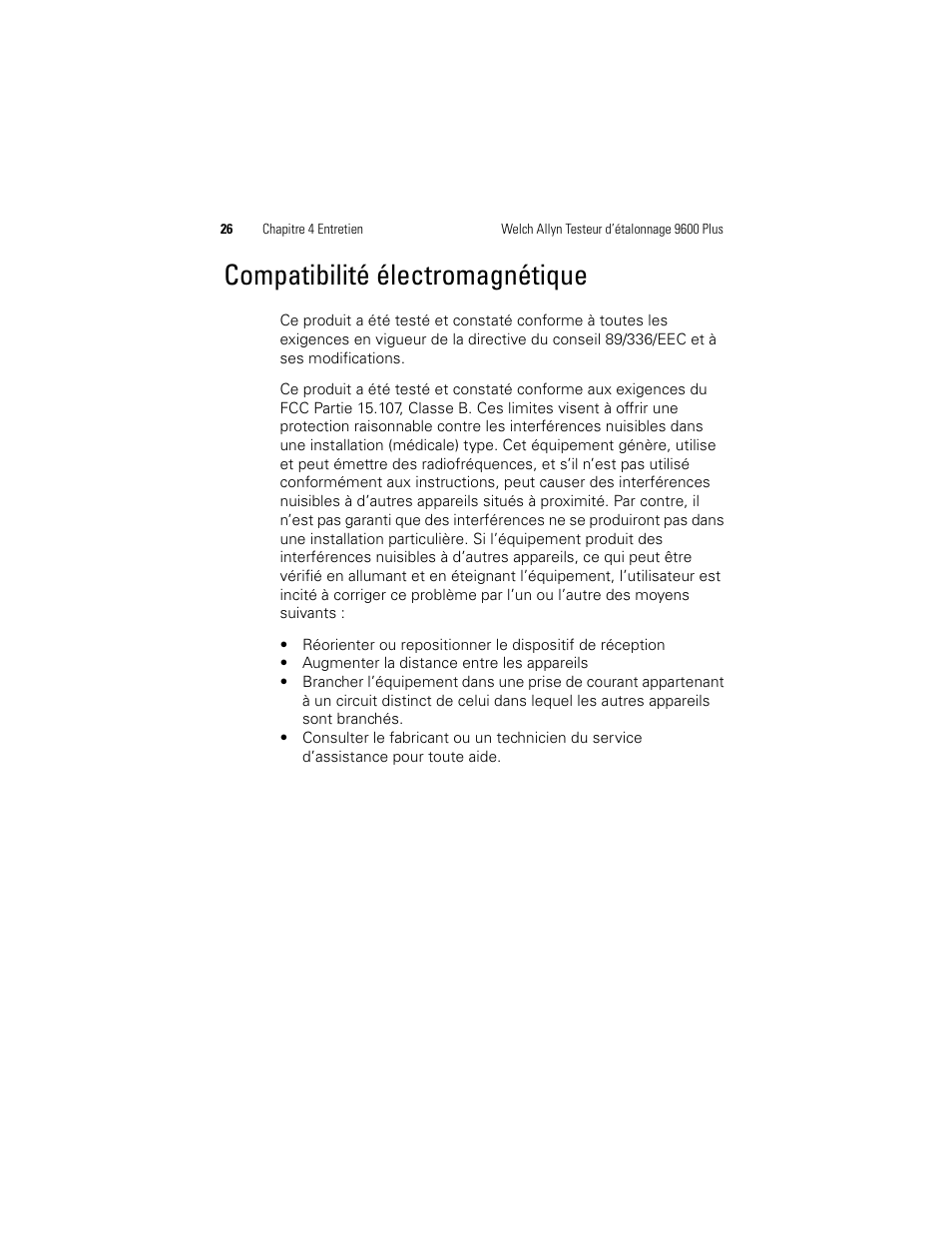 Compatibilité électromagnétique | Welch Allyn 9600 Plus Calibration Tester - User Manual User Manual | Page 64 / 106