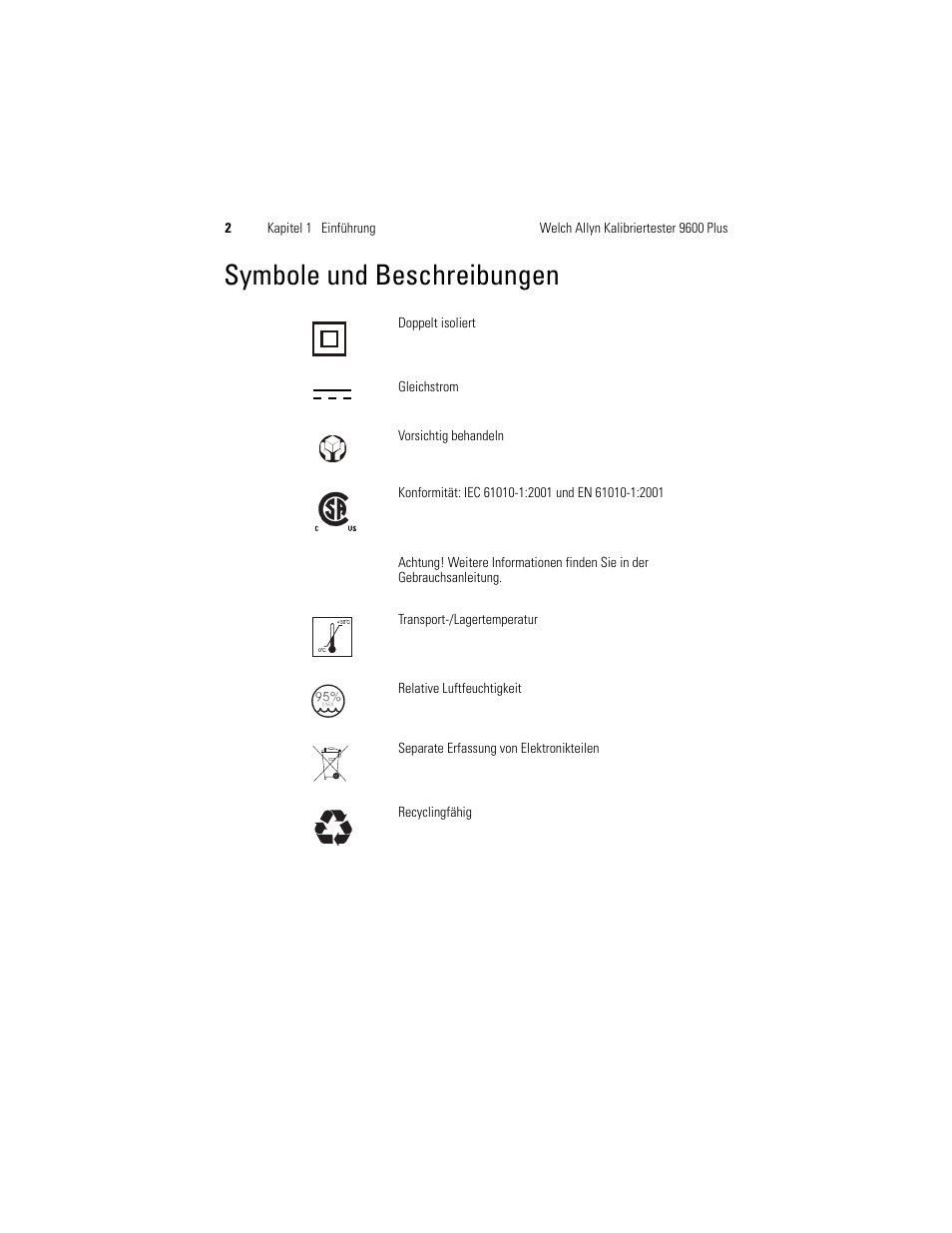 Symbole und beschreibungen | Welch Allyn 9600 Plus Calibration Tester - User Manual User Manual | Page 72 / 106