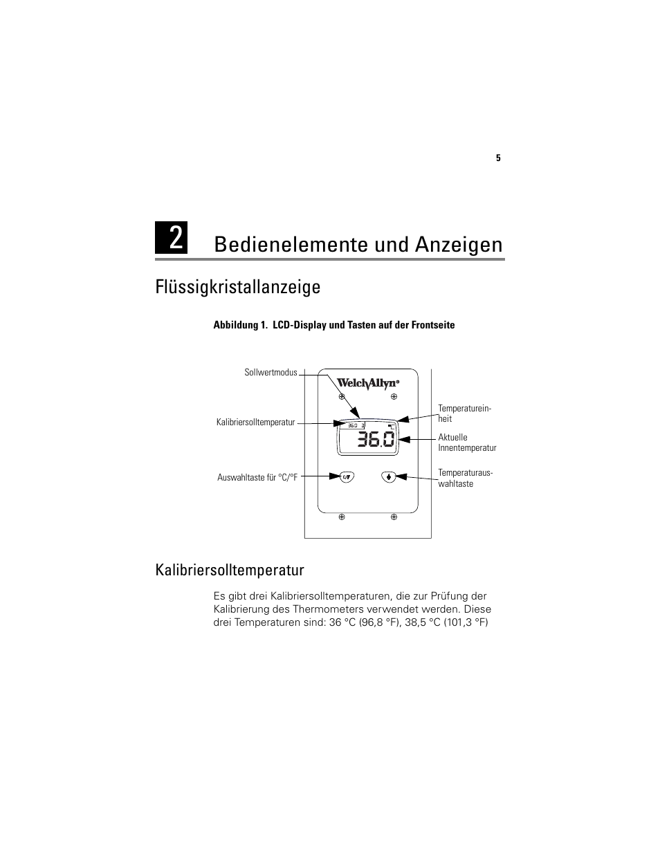 Bedienelemente und anzeigen, Flüssigkristallanzeige, Kalibriersolltemperatur | Welch Allyn 9600 Plus Calibration Tester - User Manual User Manual | Page 75 / 106