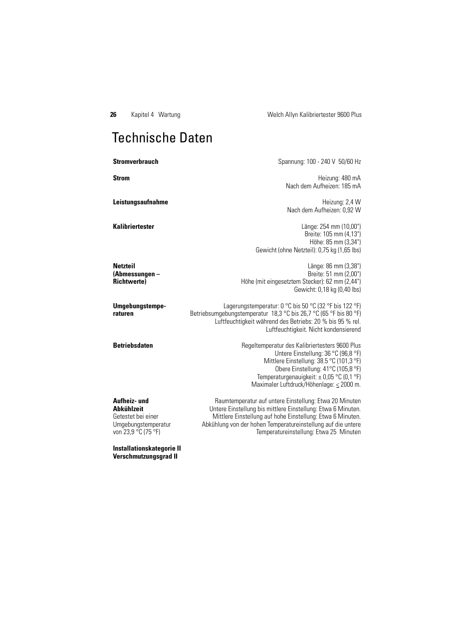 Technische daten | Welch Allyn 9600 Plus Calibration Tester - User Manual User Manual | Page 96 / 106