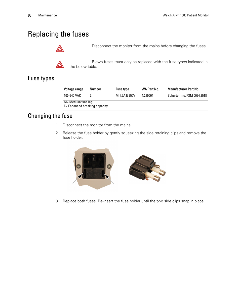 Replacing the fuses, Fuse types changing the fuse | Welch Allyn 1500 Patient Monitor v.1.3.X - User Manual User Manual | Page 100 / 134