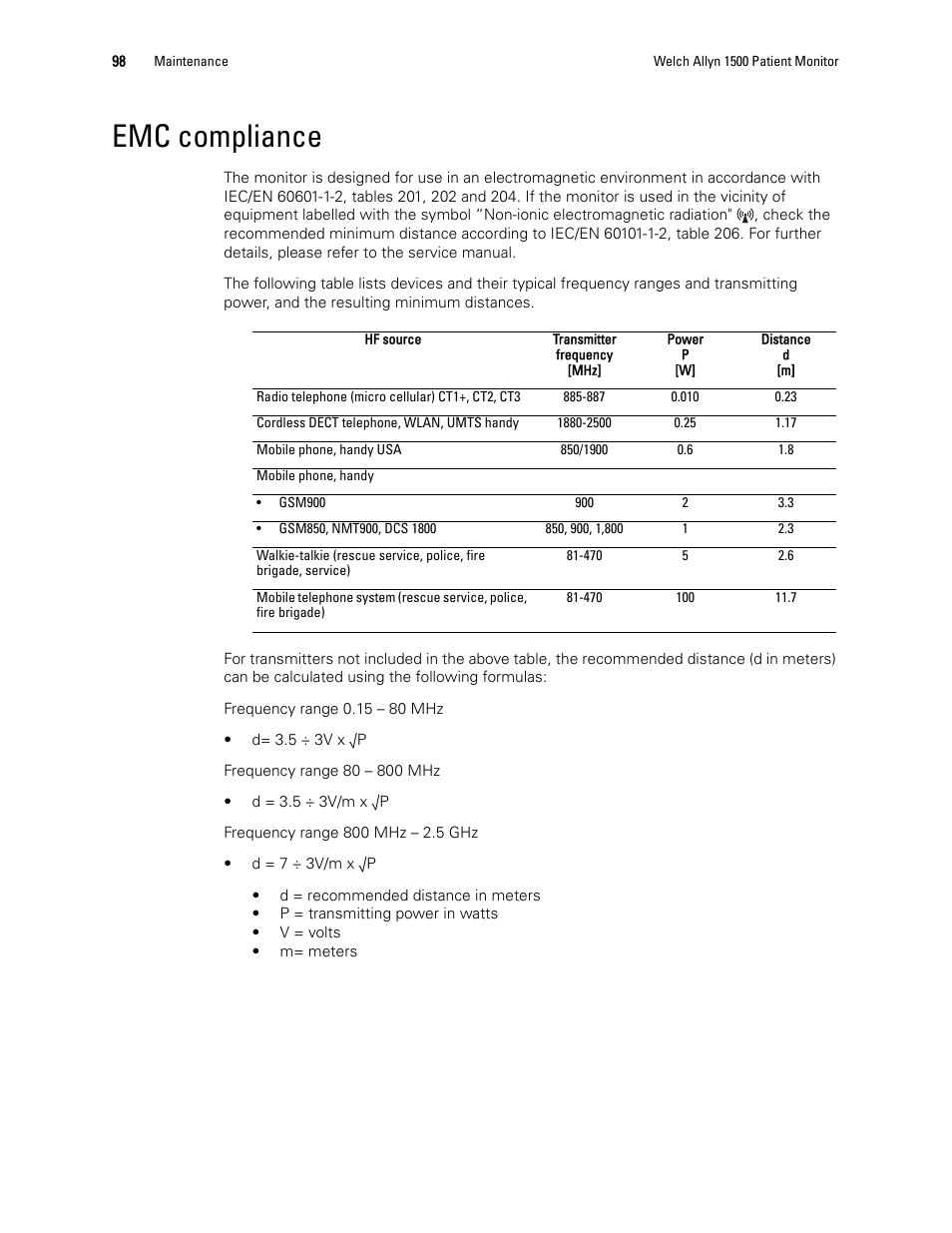 Emc compliance | Welch Allyn 1500 Patient Monitor v.1.3.X - User Manual User Manual | Page 102 / 134