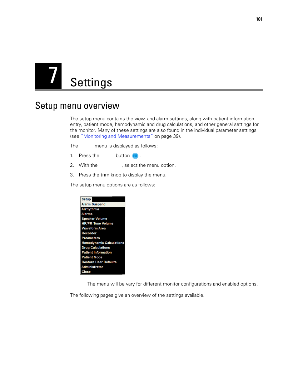 Settings, Setup menu overview, 7 - settings | Welch Allyn 1500 Patient Monitor v.1.3.X - User Manual User Manual | Page 105 / 134