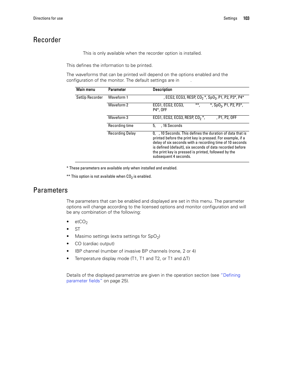 Note that an, Recorder, Parameters | Welch Allyn 1500 Patient Monitor v.1.3.X - User Manual User Manual | Page 107 / 134