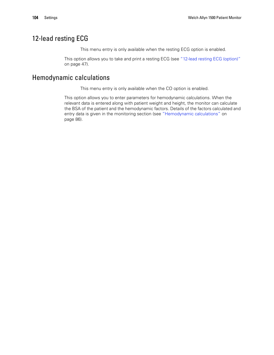 Lead resting ecg, Hemodynamic calculations | Welch Allyn 1500 Patient Monitor v.1.3.X - User Manual User Manual | Page 108 / 134