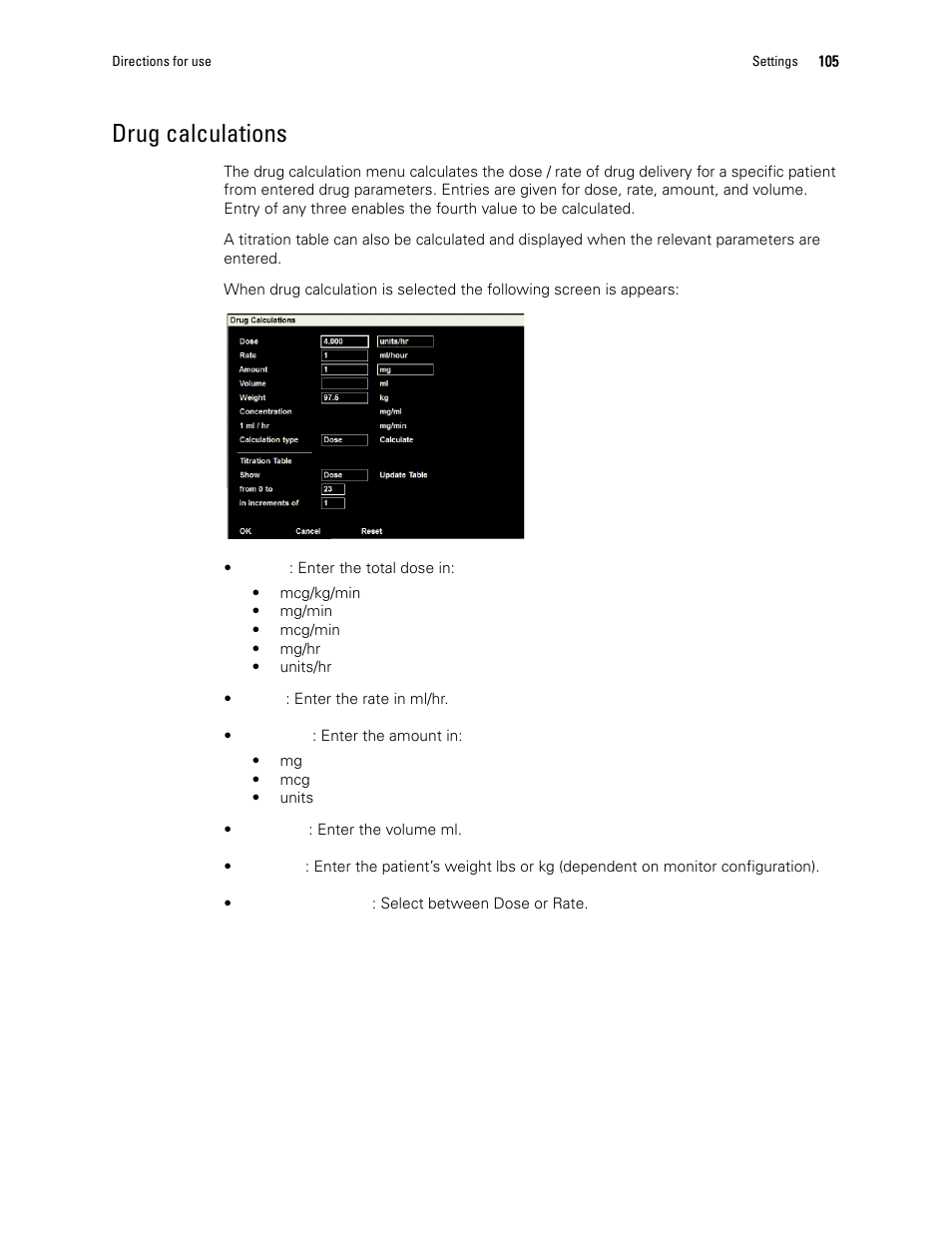 Drug calculations | Welch Allyn 1500 Patient Monitor v.1.3.X - User Manual User Manual | Page 109 / 134