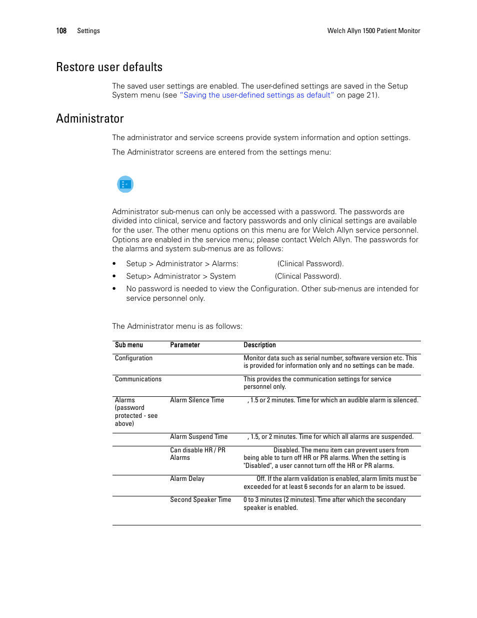 Administrator, Restore user defaults | Welch Allyn 1500 Patient Monitor v.1.3.X - User Manual User Manual | Page 112 / 134