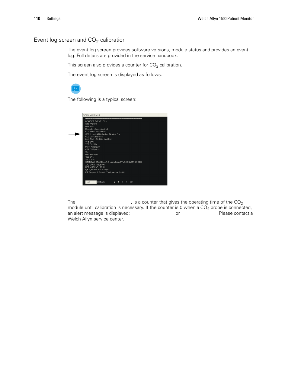 Event log screen and, Co2 calibration, Event log screen and co | Calibration | Welch Allyn 1500 Patient Monitor v.1.3.X - User Manual User Manual | Page 114 / 134