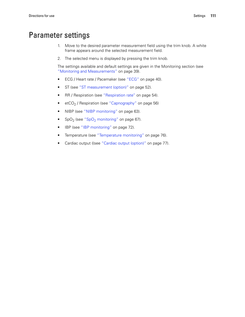 Parameter settings | Welch Allyn 1500 Patient Monitor v.1.3.X - User Manual User Manual | Page 115 / 134