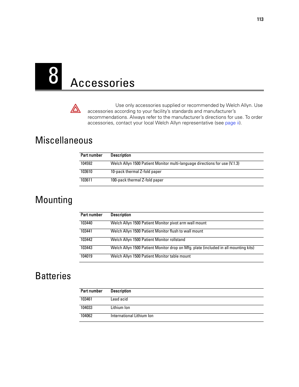 Accessories, Miscellaneous, Mounting | Batteries, 8 - accessories, Miscellaneous mounting batteries | Welch Allyn 1500 Patient Monitor v.1.3.X - User Manual User Manual | Page 117 / 134