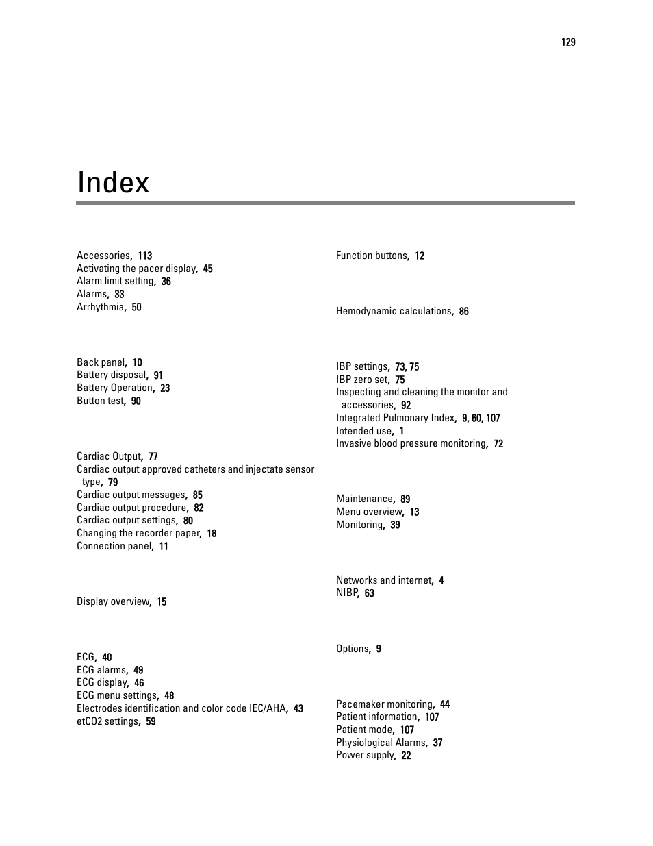 Index | Welch Allyn 1500 Patient Monitor v.1.3.X - User Manual User Manual | Page 133 / 134