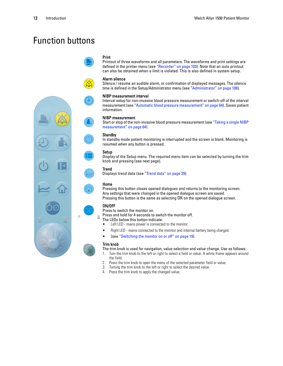 Function buttons | Welch Allyn 1500 Patient Monitor v.1.3.X - User Manual User Manual | Page 16 / 134