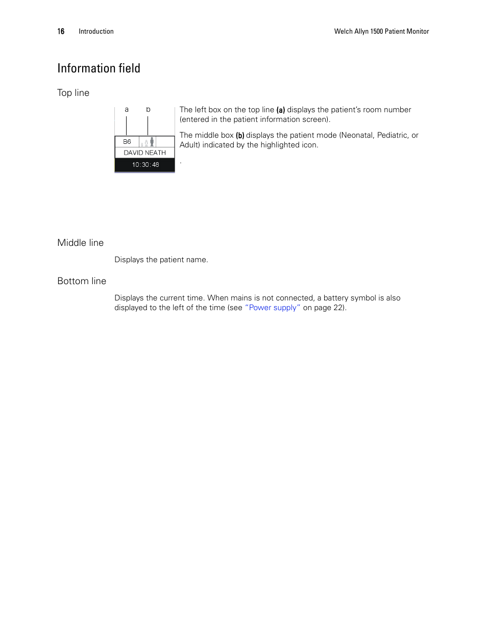 Information, Field, Information field | Welch Allyn 1500 Patient Monitor v.1.3.X - User Manual User Manual | Page 20 / 134