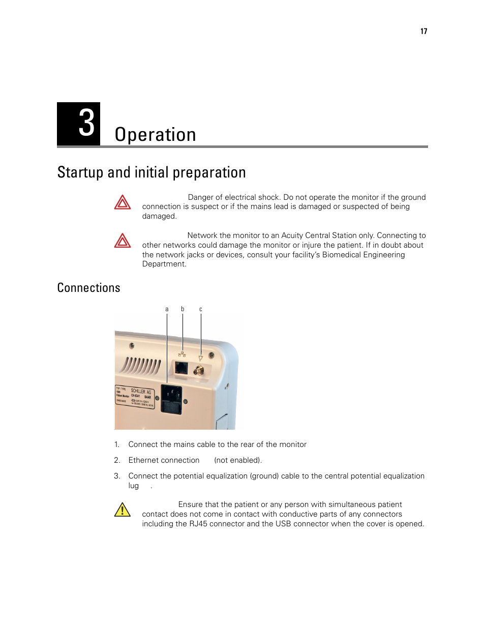 Operation, Startup and initial preparation, 3 - operation | Connections | Welch Allyn 1500 Patient Monitor v.1.3.X - User Manual User Manual | Page 21 / 134