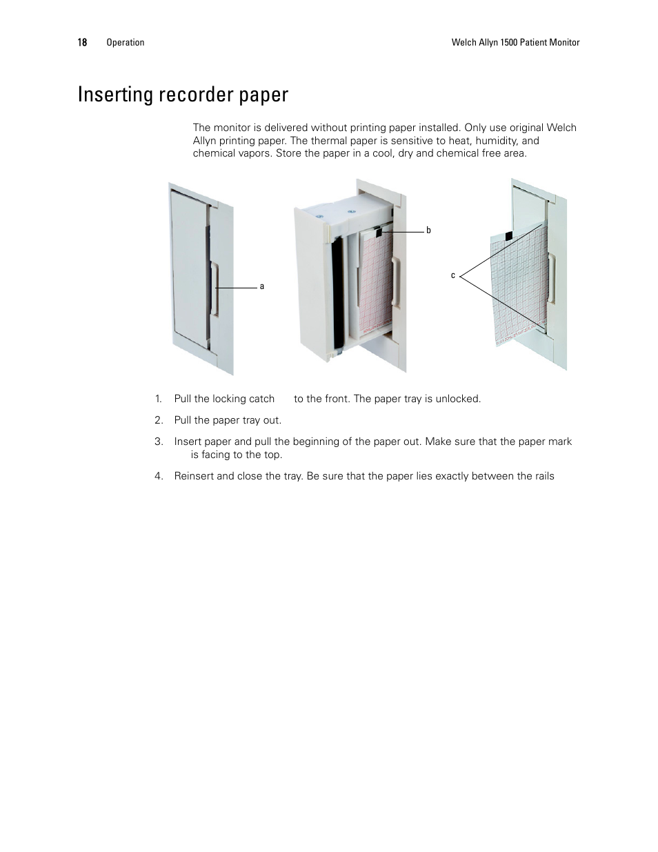 Inserting recorder paper | Welch Allyn 1500 Patient Monitor v.1.3.X - User Manual User Manual | Page 22 / 134