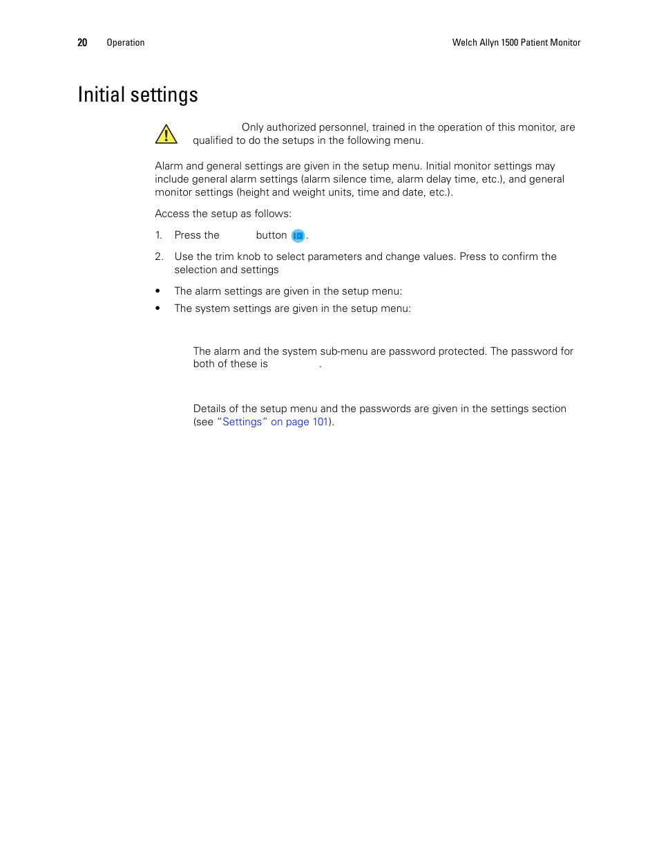 Initial settings | Welch Allyn 1500 Patient Monitor v.1.3.X - User Manual User Manual | Page 24 / 134