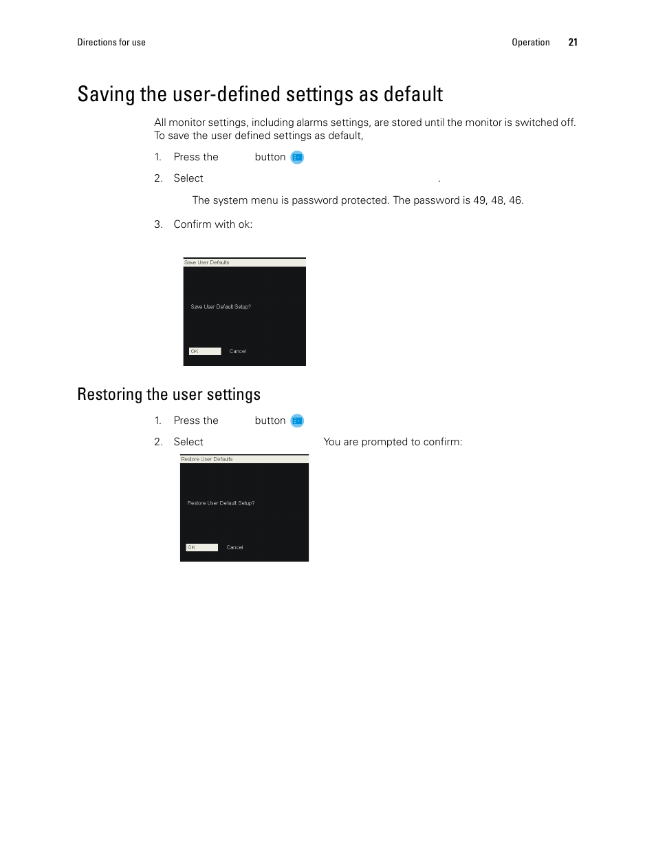 Saving the user-defined settings as default, Restoring the user settings | Welch Allyn 1500 Patient Monitor v.1.3.X - User Manual User Manual | Page 25 / 134