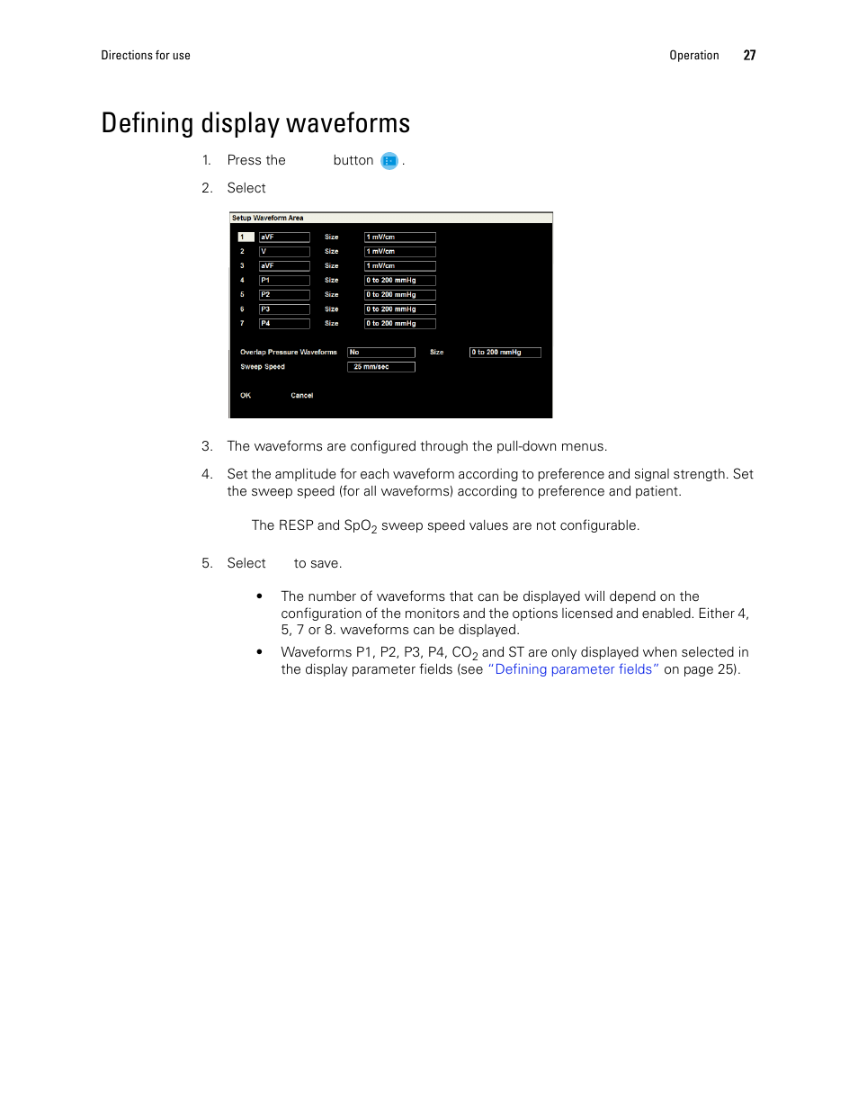 Defining display waveforms, Defining display, Waveforms | Welch Allyn 1500 Patient Monitor v.1.3.X - User Manual User Manual | Page 31 / 134