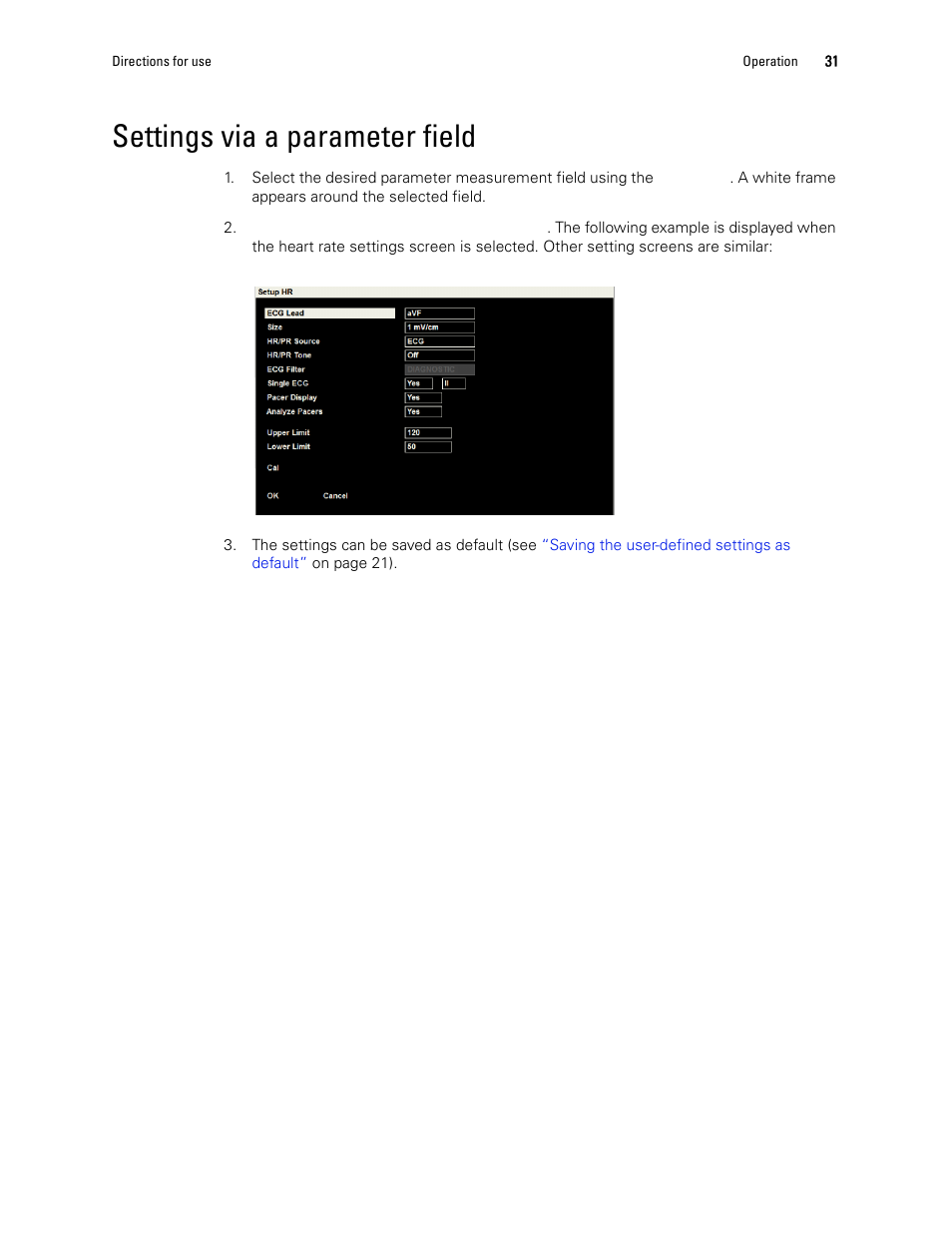Settings via a parameter field | Welch Allyn 1500 Patient Monitor v.1.3.X - User Manual User Manual | Page 35 / 134