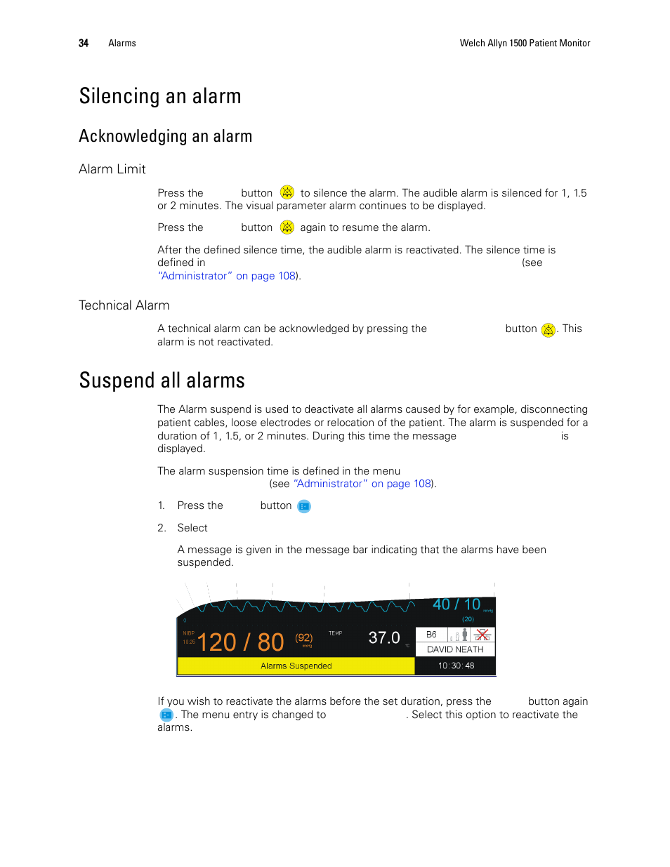 Silencing an alarm, Suspend all alarms, Silencing an alarm suspend all alarms | Acknowledging an alarm | Welch Allyn 1500 Patient Monitor v.1.3.X - User Manual User Manual | Page 38 / 134