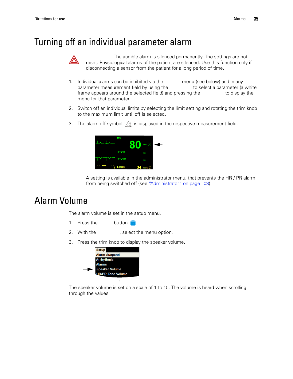 Turning off an individual parameter alarm, Alarm volume | Welch Allyn 1500 Patient Monitor v.1.3.X - User Manual User Manual | Page 39 / 134