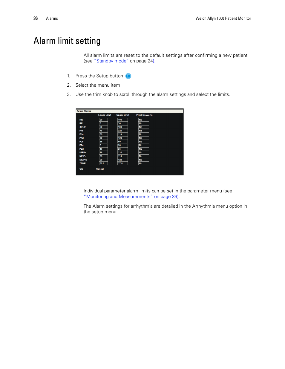 Alarm limit setting | Welch Allyn 1500 Patient Monitor v.1.3.X - User Manual User Manual | Page 40 / 134