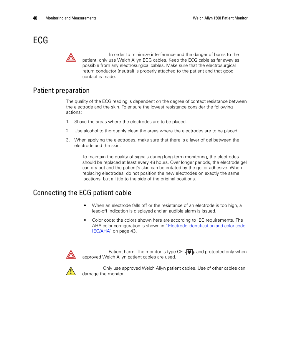 Patient preparation, Connecting the ecg patient cable | Welch Allyn 1500 Patient Monitor v.1.3.X - User Manual User Manual | Page 44 / 134